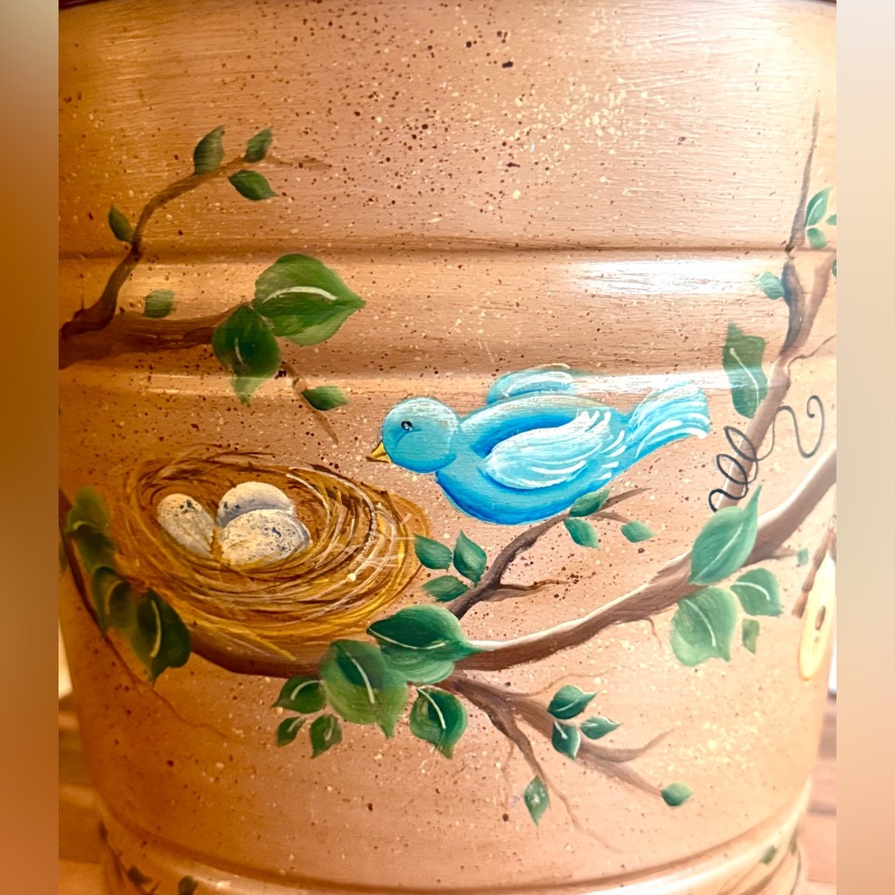 Charming Cottagecore Hand Painted Birds, Vines, Nests Galvanized Metal Bucket - Picture 8 of 10